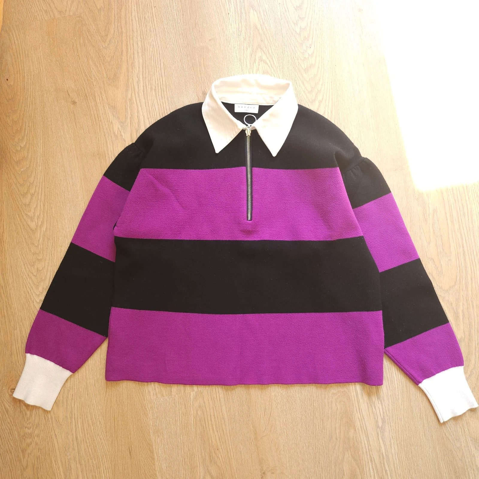 Sandro pull rayé violet noir col camionneur zip